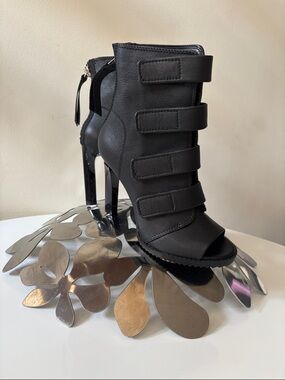 DKNY Black Strappy Peep-Toe High Heel Booties